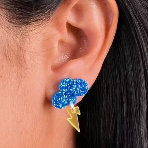 Blue Glitter Cloud Lightning Bolt Earrings - NEW!! - Picture 6 of 8